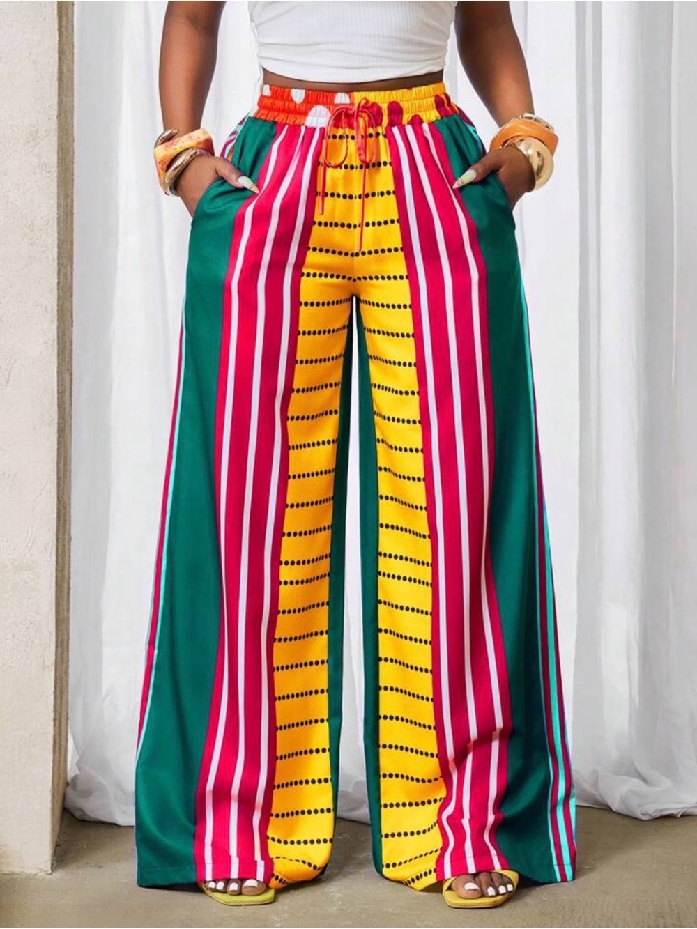 SHEIN Multicolor Wide-Leg Stripe & Dot Pants
